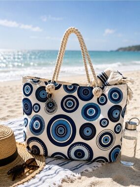 Evil Eye Oversized Beach Tote Bag Rope Handles + key chain